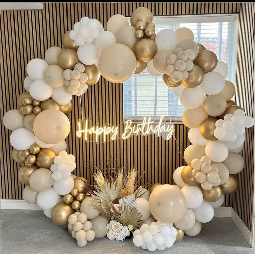 Nude and gold balloon ring birthday backdrop