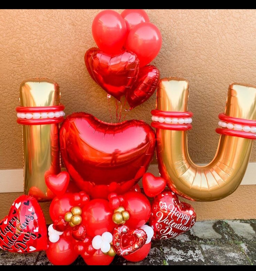 Red and gold I love you balloon arrangement