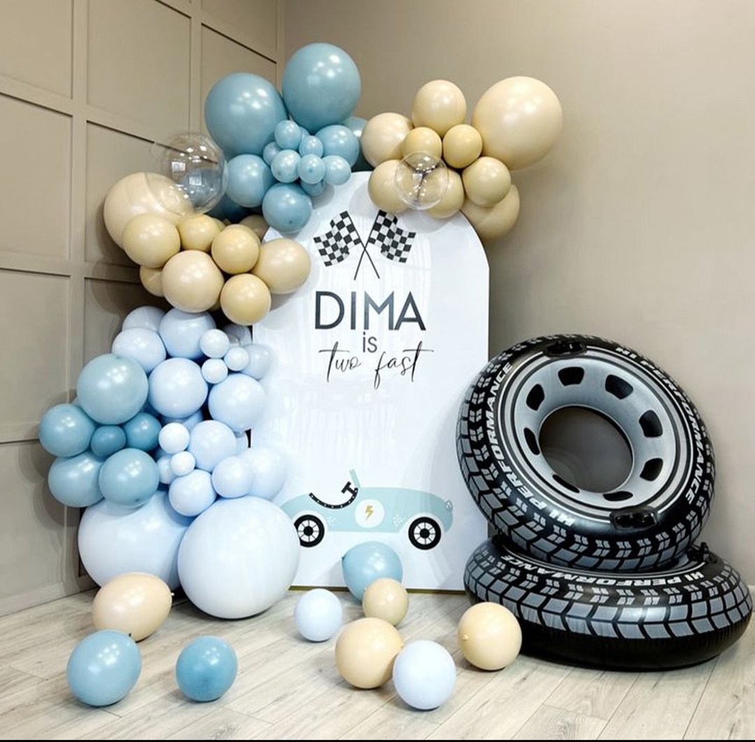 Race car theme birthday decoration in blue and beige