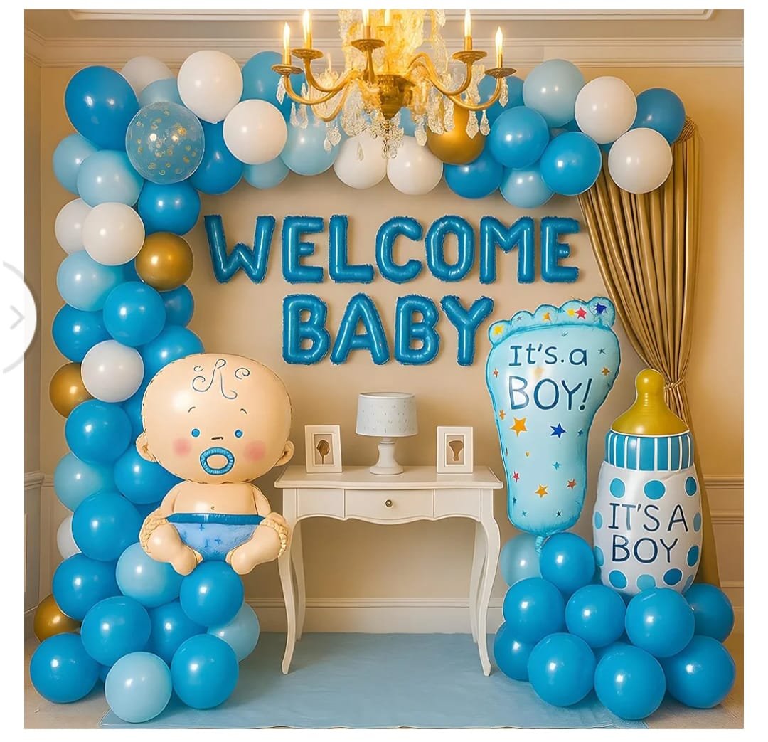 Welcome baby blue and white balloon arch decoration