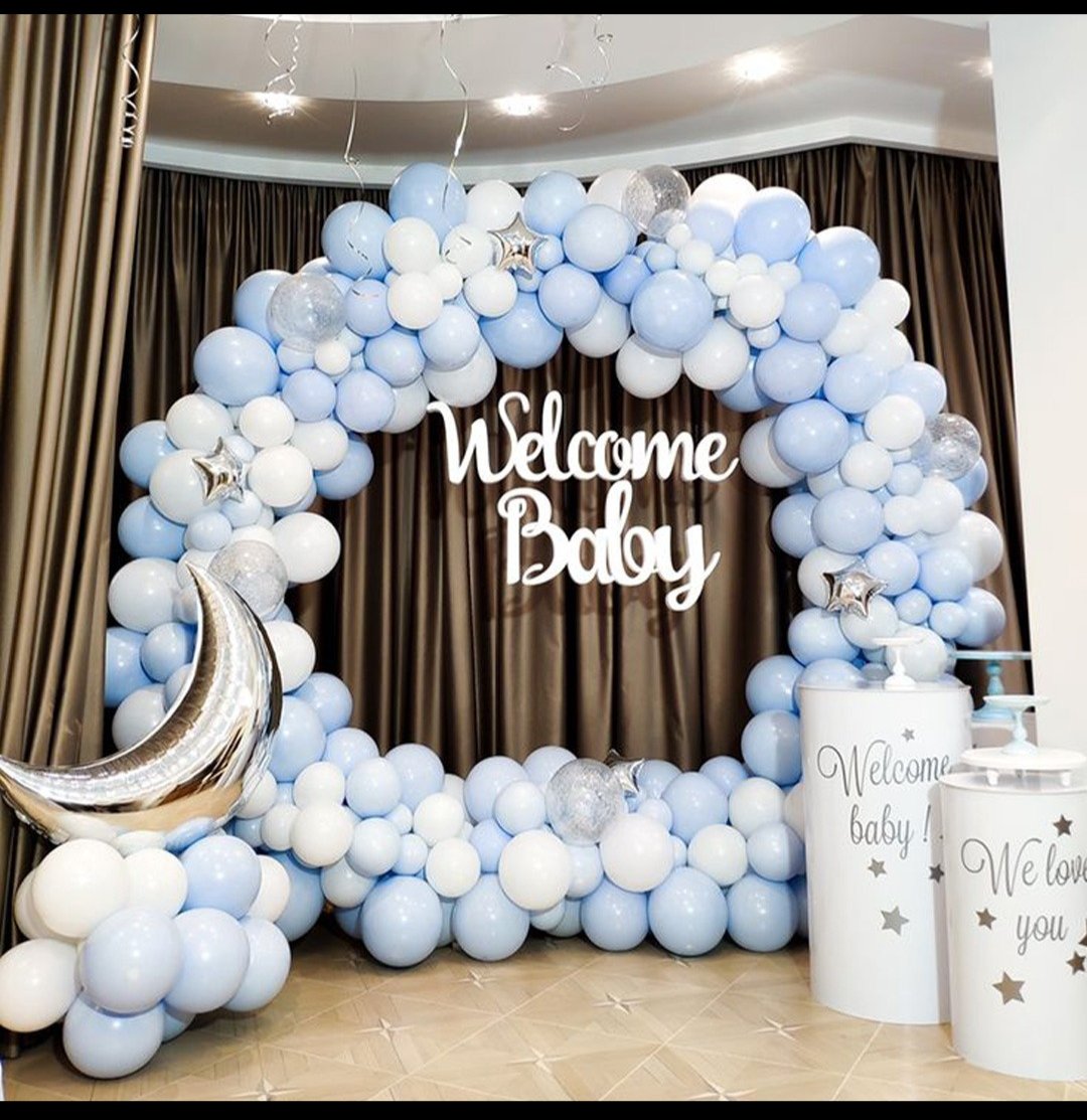 Welcome baby pastel blue balloon arch